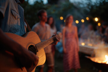 Backyard BBQ scene with people enjoying music and food