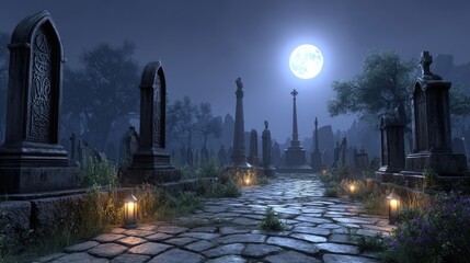 Moonlit Cemetery Path Gothic Gravestones and Cobblestone Lane under a Full Moon