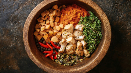 Wooden bowl filled with chicken pieces, spices, and herbs.