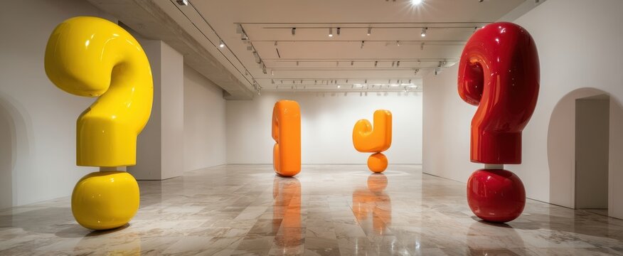 The bold question mark sculptures inviting curiosity in a modern art gallery. - Powered by Adobe