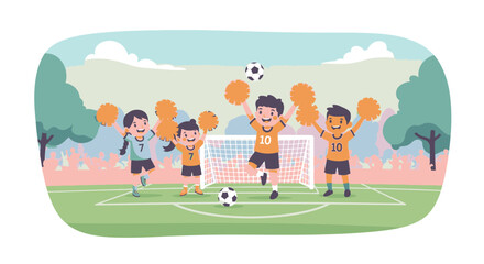 Joyful children in jerseys playing soccer and cheering with pom-poms on an outdoor field.