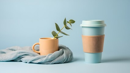 A cozy still life featuring a light blue reusable travel mug with a burlap sleeve next to a warm yellow mug with a green sprig and a soft blue scarf on a pale blue background