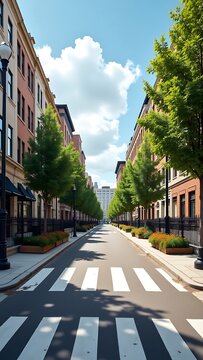 Modern Urban Street with Green Trees and Pedestrian Crosswalk on a Sunny Day