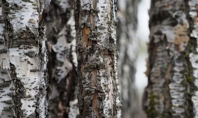 Obraz premium Birch tree trunks closeup with textured bark in natural light