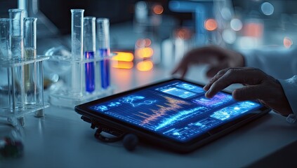 Scientist working on a tablet in a lab.  Data analysis