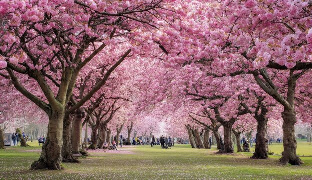 Pink cherry blossoms canopy a park