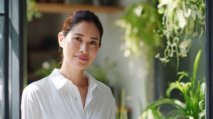A beautiful woman in a white shirt smiles softly at the camera, standing by an open window in a modern home, warm sunlight illuminating her face with gentle shadows.