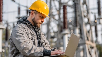 A construction worker wearing a yellow hard hat uses a laptop at an industrial site with electrical infrastructure in the background.