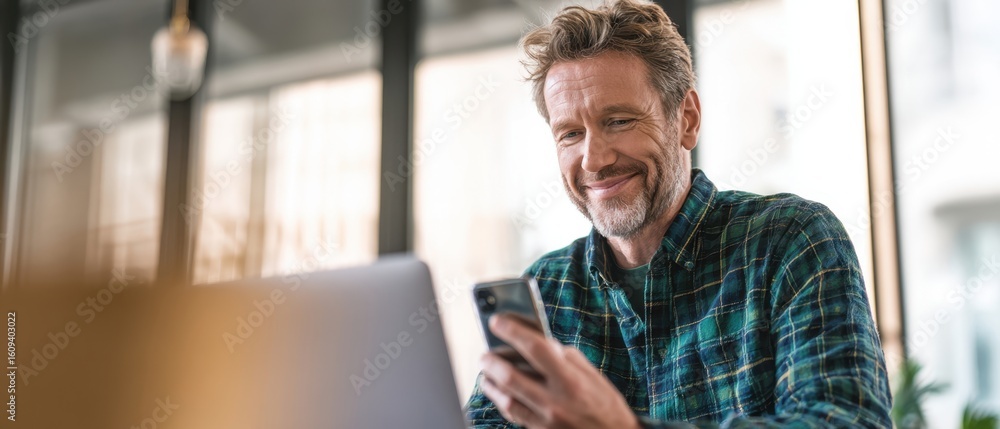 Poster the smiling man using a smartphone while working on his laptop in a café.
