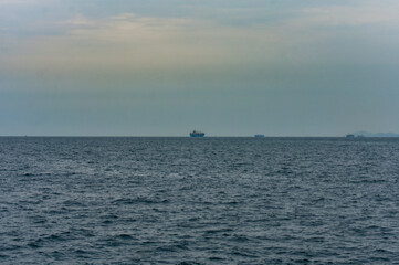 Distant cargo ships on the horizon of a vast, calm ocean under a cloudy sky.
