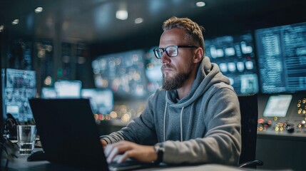 A focused man in glasses and a hoodie works on a laptop in a dimly lit, high-tech control room filled with screens and electronic equipment.