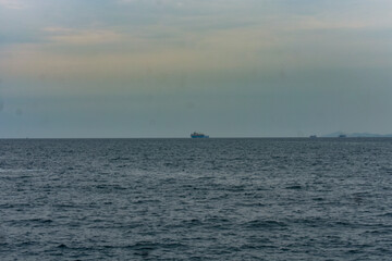 Distant cargo ships on the horizon of a vast, calm ocean under a cloudy sky.