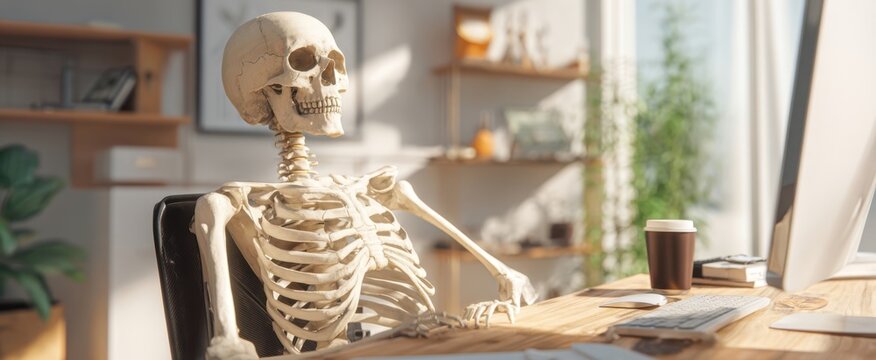The whimsical skeleton enjoying a tranquil moment in a stylish office setting.