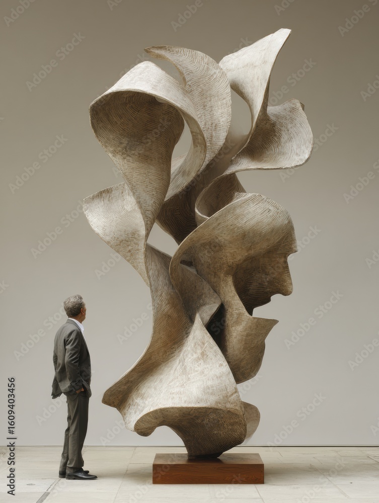 Poster abstract sculpture representing intelligence unfolding with a person standing beneath it in an art g