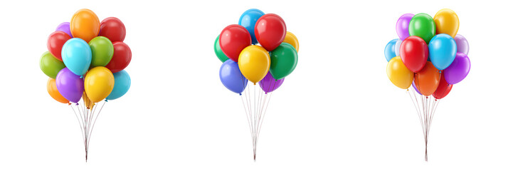 Colorful balloon bunch with vibrant red, yellow, blue, green, and purple balloons floating in air for party decoration