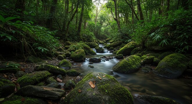 Lush rainforest stream cascading over moss-covered rocks captured with silky long exposure&mdash;immersive nature scene ideal for eco-tourism promotions, meditation backgrounds and conservation campaigns.