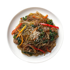 A plate of japchae korean food top view with [Transparent Background PNG].
