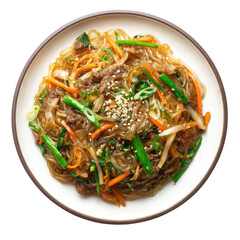 A plate of japchae korean food top view with [Transparent Background PNG].