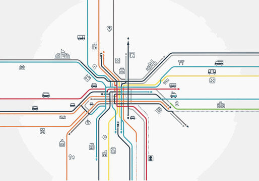 A colorful, stylized map depicting a complex public transportation network with various routes.