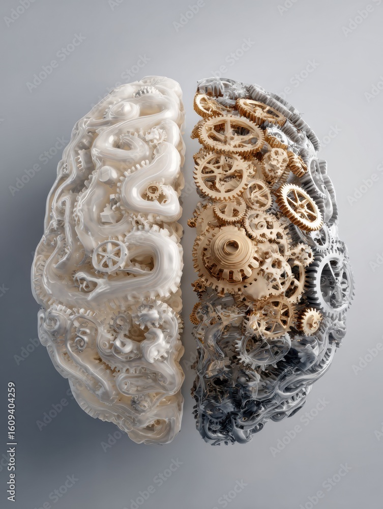 Poster exploring the duality of the human mind with a 3d brain design featuring mechanical gears and organi
