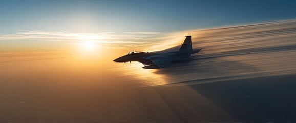 Silhouette of a jet aircraft flying above a sunrise