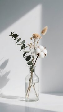 Dried Flowers and Eucalyptus in a Glass Bottle on a White Surface