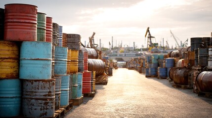 Rows of rusted, colorful oil barrels line a sunlit industrial yard with cranes and machinery in the background under a partly cloudy sky.