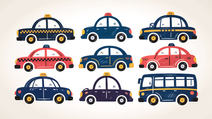 A set of 8 simple, hand-drawn cartoon cars arranged in two rows against a white background. The cars are rendered in a sketchy style with black outlines and colored in navy blue with red accents. .