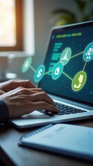 Cash flow management and financial analysis concept. Businessman using laptop with icons representing cash flow, financial management, budgeting, business growth, money technology,.