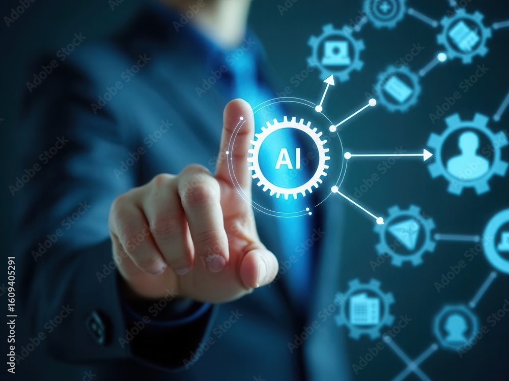 Poster ai, artificial intelligence technology in digital workflow. businessman touches gear icon labeled ai
