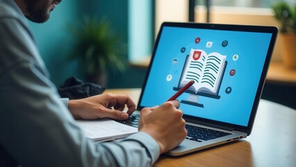 Online education and e-learning concept. Man taking notes while using laptop with online education icon, learning, knowledge sharing, educational tools, training, webinar on internet service.