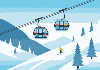 A skier glides down a snowy mountain slope under a ski lift with gondolas full of people.