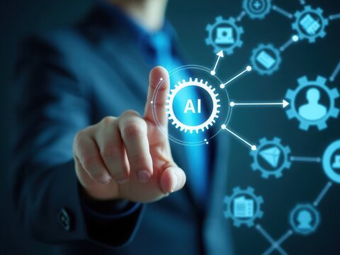 AI, Artificial Intelligence Technology in Digital Workflow. Businessman touches gear icon labeled AI, surrounded by technology icons, illustrating AI integration in digital process workflow.