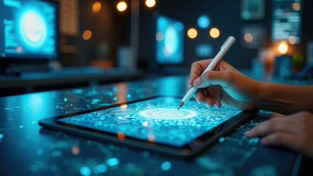 AI image creation technology. Person using digital pen and tablet to AI software to generate images, screen visual, AI Prompt, Image generated by artificial intelligence. photo, creative process.