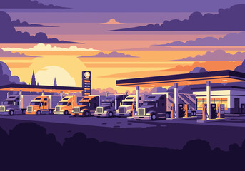 A line of semi-trucks parked at a gas station during sunset.