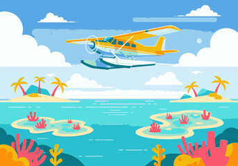 Fototapeta premium A yellow seaplane flies over a tropical ocean with islands and coral reefs under a partly cloudy sky.