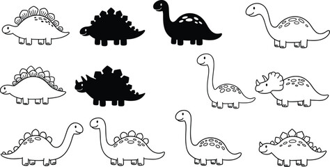 Cute dinosaur illustrations, dinosaur silhouettes, stegosaurus clipart, triceratops drawings, brontosaurus vector art, cartoon dinosaur icons, prehistoric animals © CreativeArtist