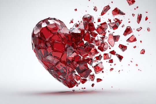 A shattered red heart on a light gray background