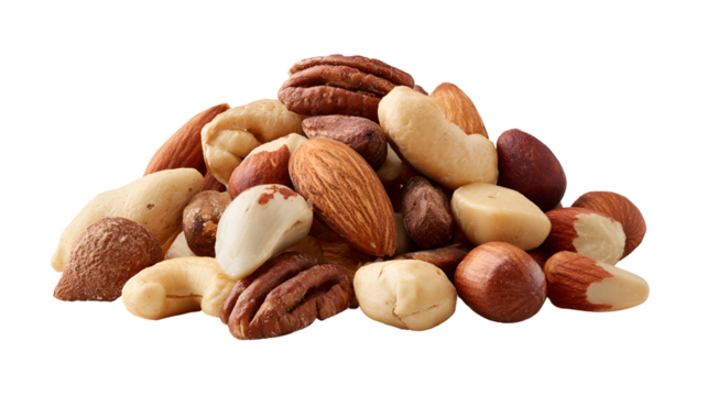 Mix nuts and dry fruits in a bowl with white background