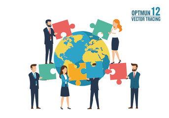 Business team members collaborate, placing puzzle pieces on a globe, symbolizing global teamwork and connection.