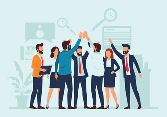 Business team celebrating success with high fives in a modern office setting.