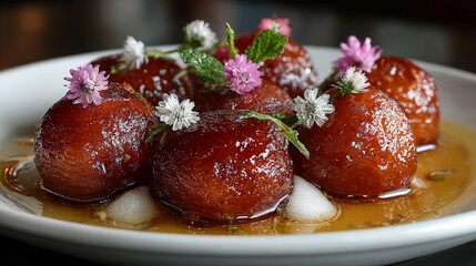 Exquisite gulab jamun dessert garnished with fresh flowers for culinary art and design.