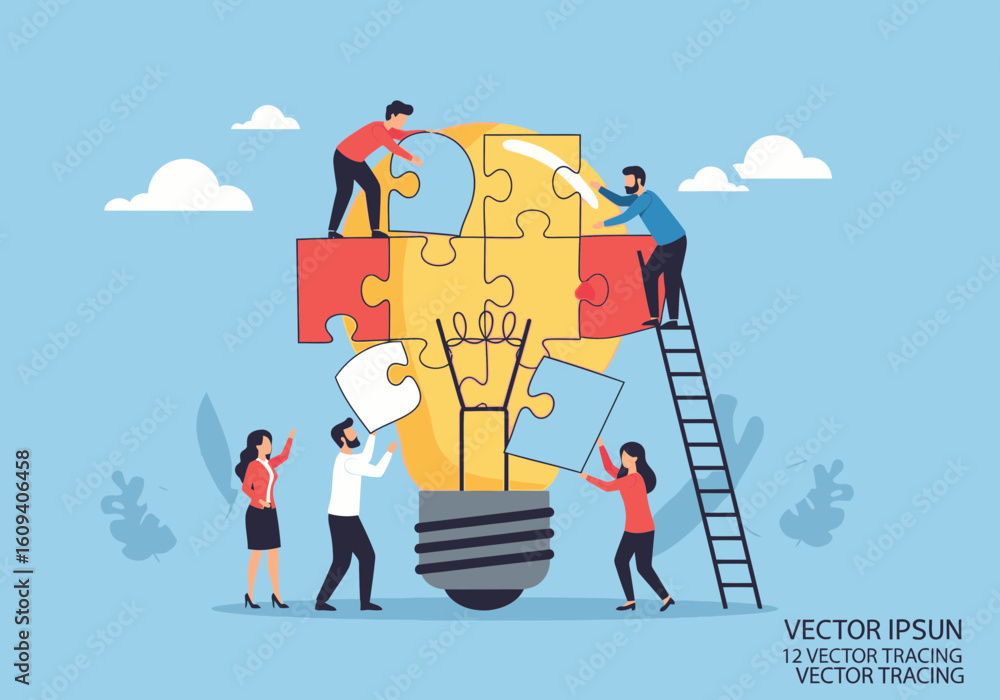 Poster teamwork assembling a lightbulb puzzle, symbolizing collaboration and innovative ideas. people worki