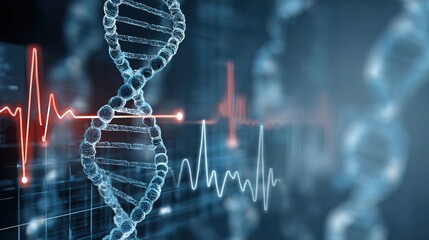 Digital illustration of a DNA double helix with heartbeat ECG lines, symbolizing genetics and health monitoring.