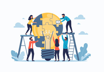 Teamwork unites to assemble a lightbulb, symbolizing collaborative innovation.