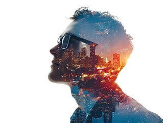  Double exposure of human profile and programming code on a white background