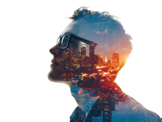  Double exposure of human profile and programming code on a white background