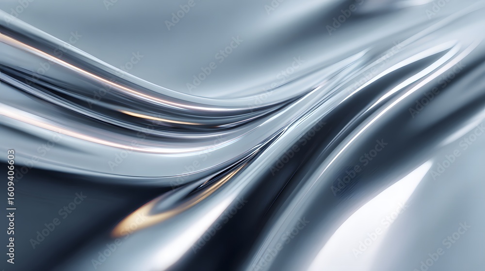 Poster smooth metallic surface with flowing curves and reflections, showcasing dynamic light patterns and t