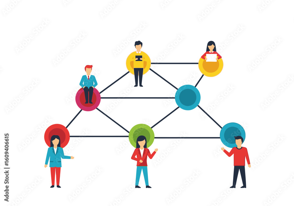 Aufkleber networked individuals collaborating and communicating within a connected organizational structure.