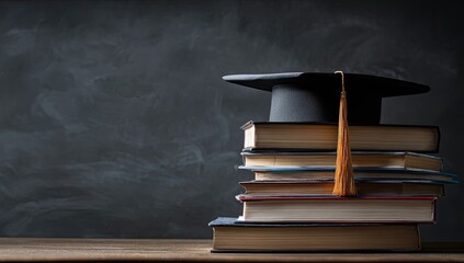 Graduation cap on a stack of books, in front of a chalkboard